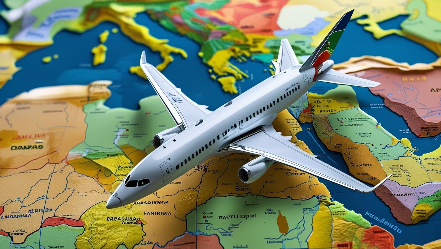 a flight flying above african map