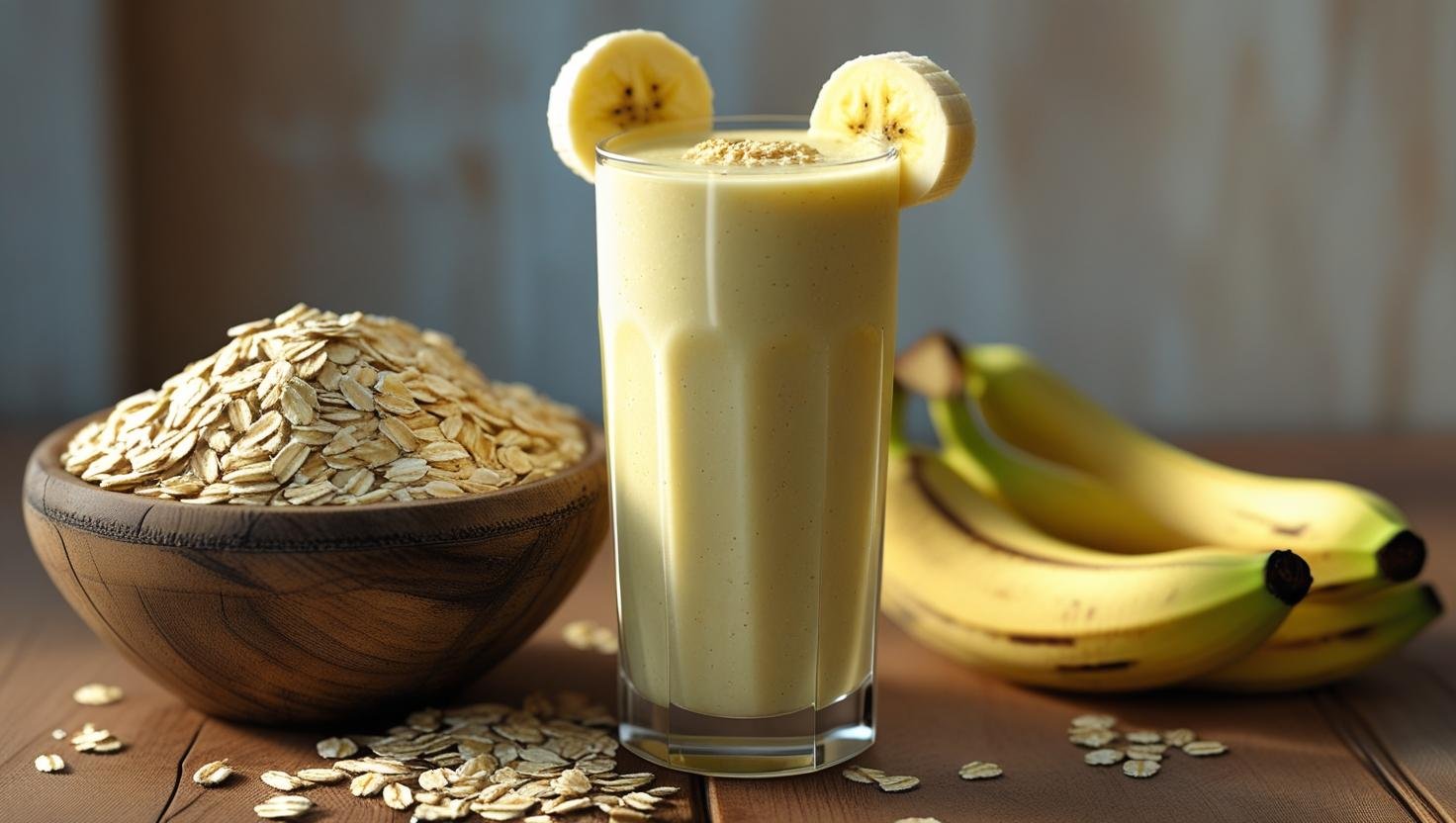 a glass of banana smoothie and put a bowl of oats
