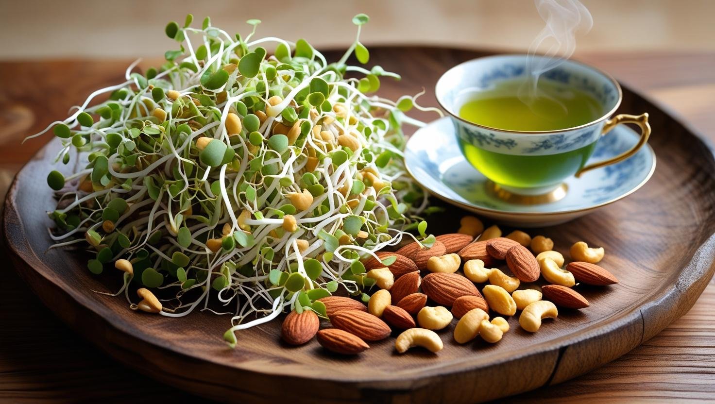 a plate full of sprouts roasted nuts and green tea