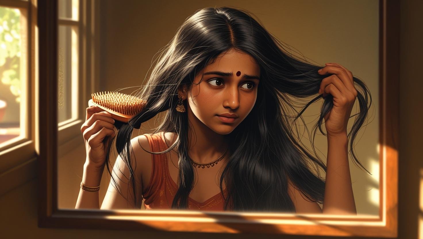 a woman struggling with her hair