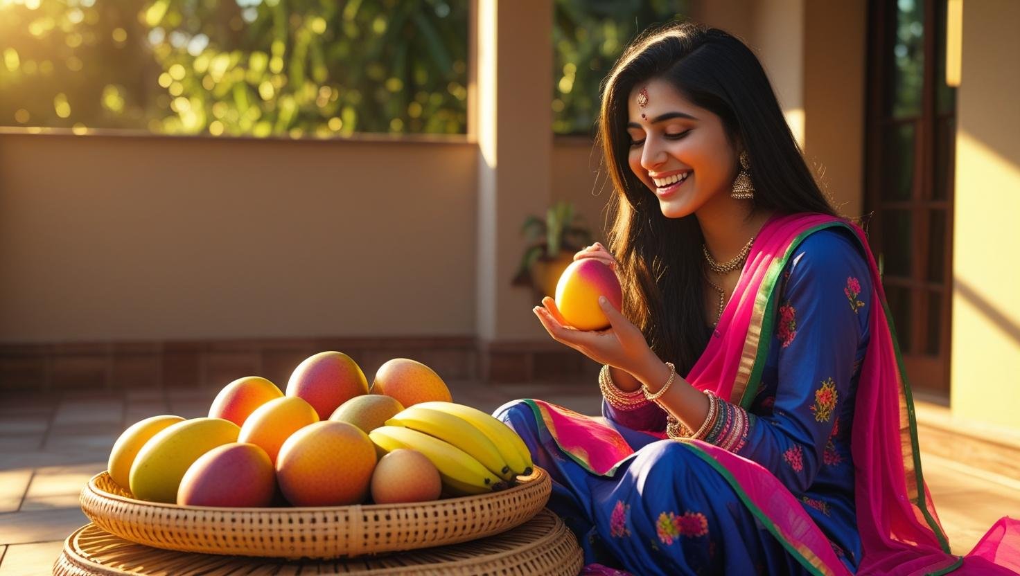 a young indian woman having fruits as healthy snacks
