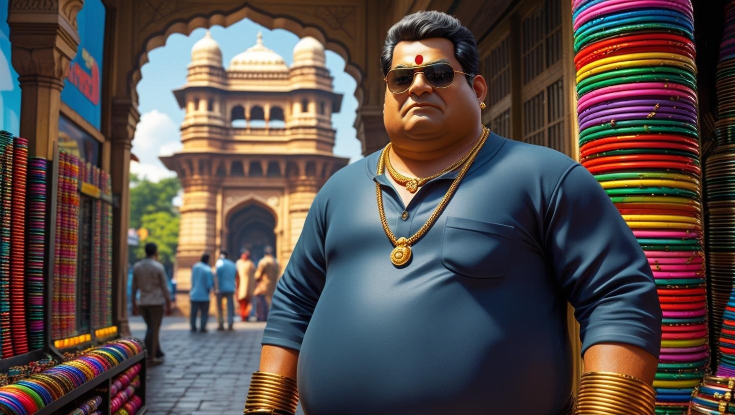 an angry fat man standing in front of a bangle shop which one is located behind Charminar Hyderabad India. that man wearing golden bracelate chain and sunglassess