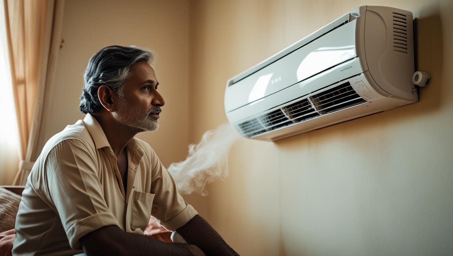 an indian man sitting in a room with a split ac fitted. focus on ac