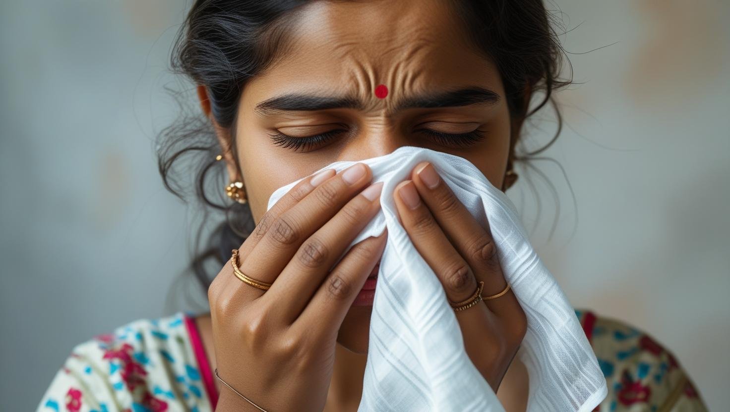 an indian woman facing Nasal Congestion wipping her nose with handkerchief