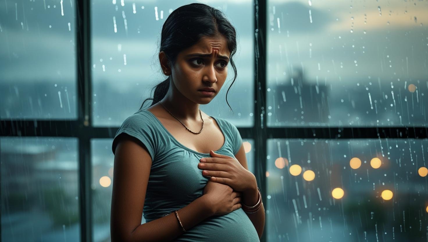 an indian women put hand on her stomac with sad expression facing with gut problem. Also add a window behind her and put rain