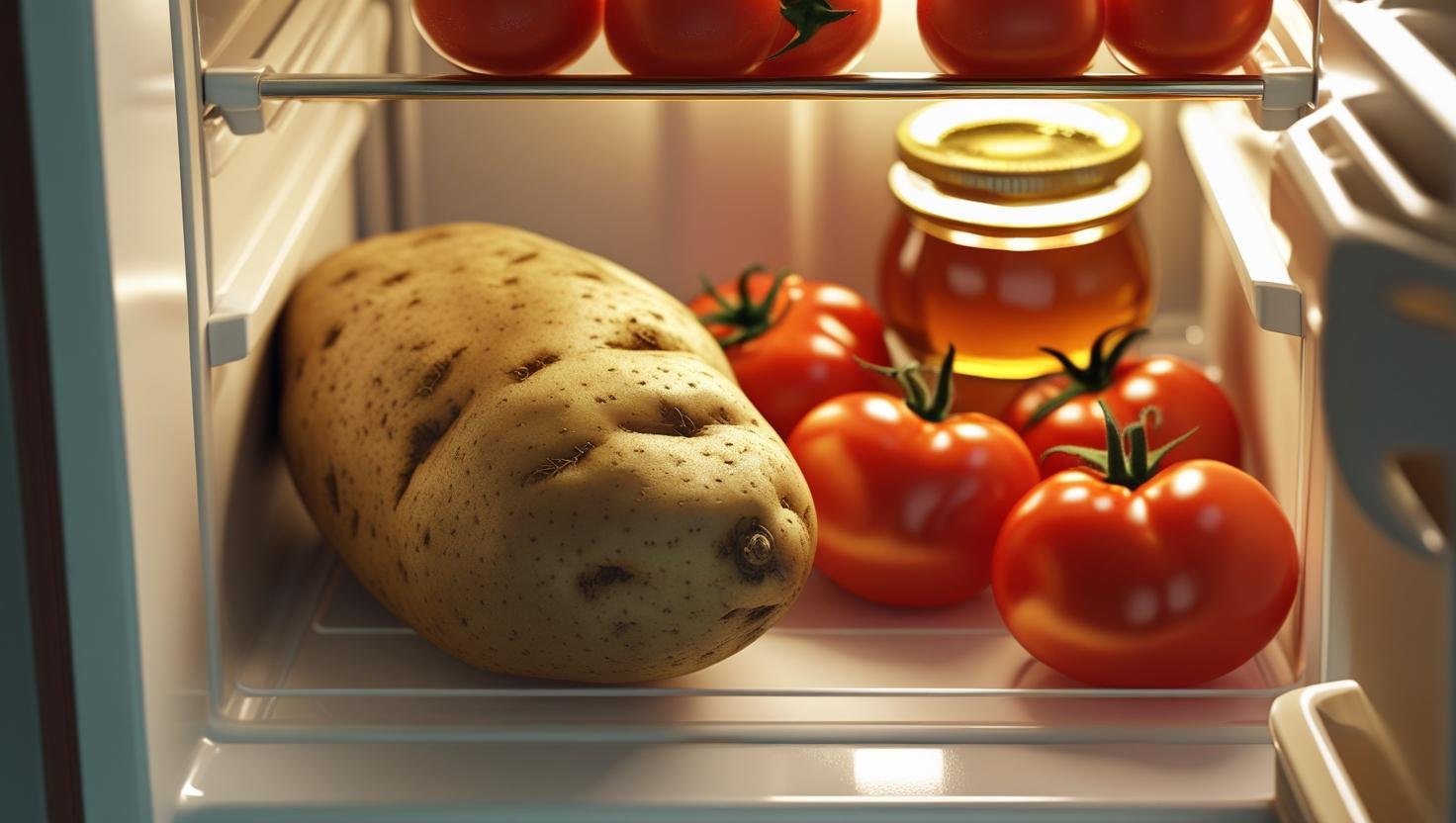 an open door fridge inside potato tomato honey