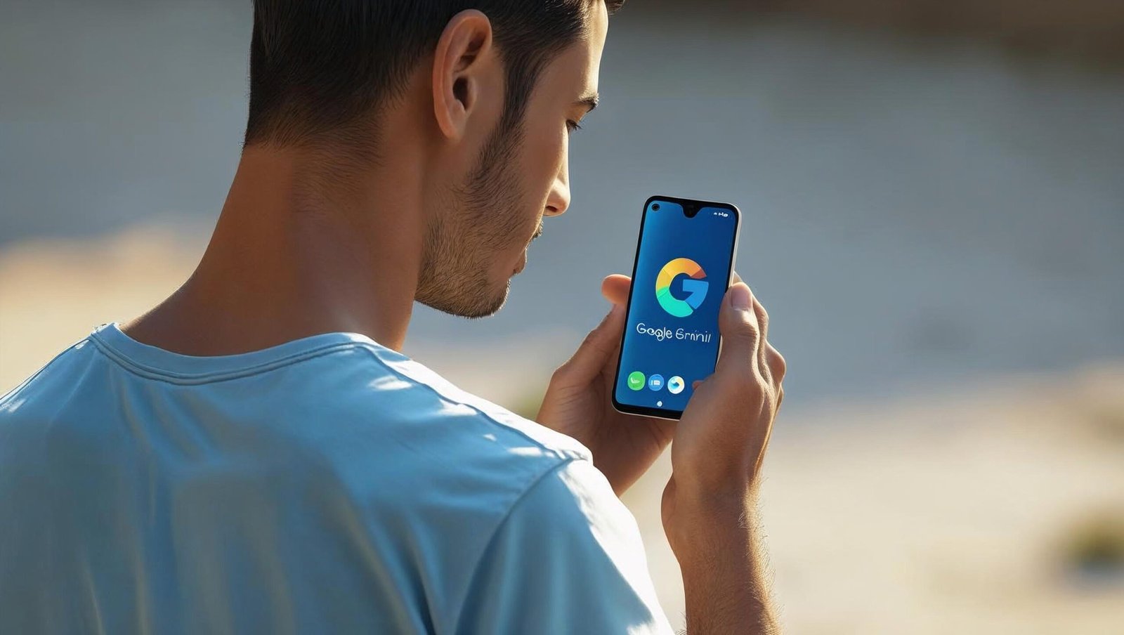 backside of a man looking at his phone displaying Google Gemini logo and text scaled