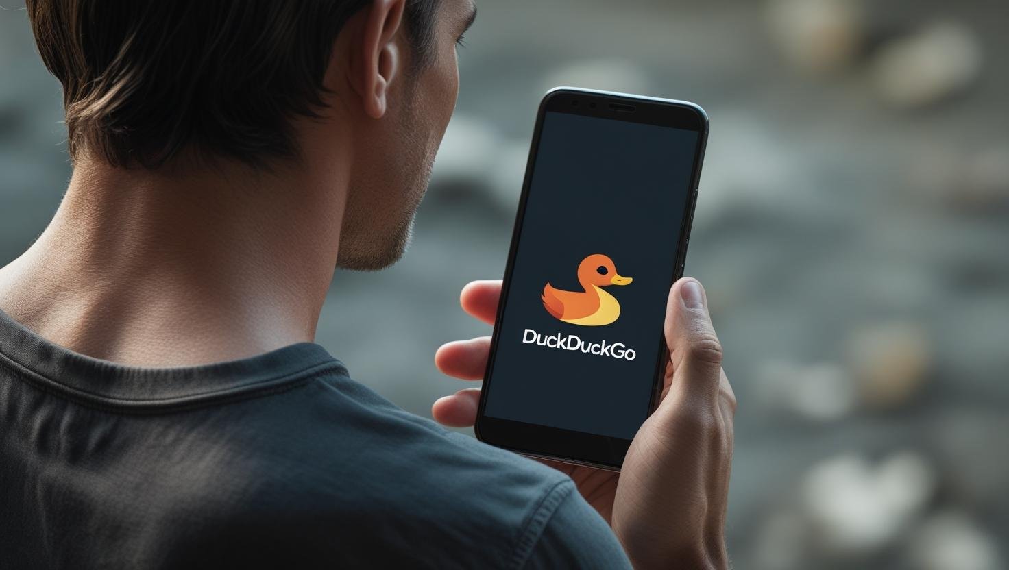 backside of a man looking at his phone displaying duckduckgo logo