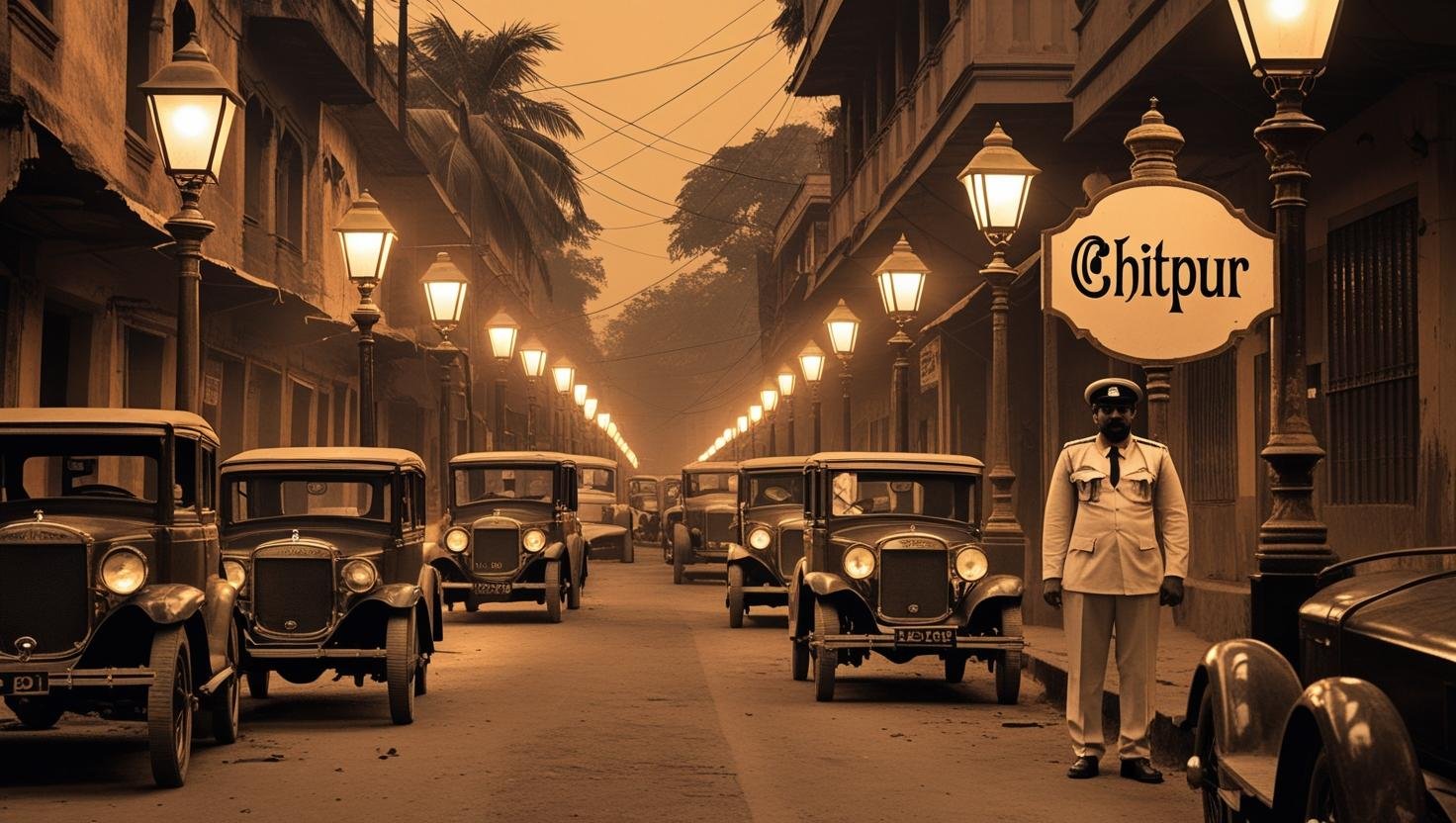 old kolkata street put a lamps vintage cars police wearing white dress and put a board written Chitpur in bengali